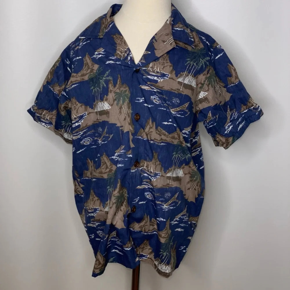 Reyn Spooner boys blue Hawaiian outrigger canoe camp shirt Sz 10 NWT